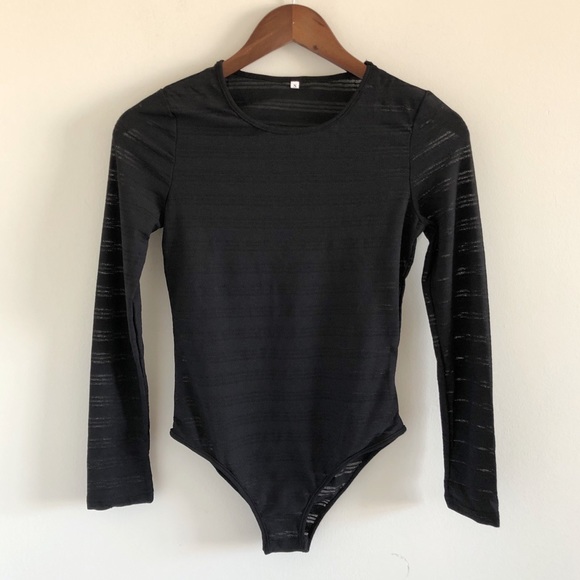 Sheer Stripe Long Sleeve Black Bodysuit - Picture 2 of 4
